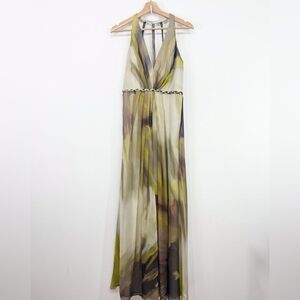 Hoaglund Green Brown 100% Silk Whimsical Earth tone Flowy Halter Maxi Dress NEW